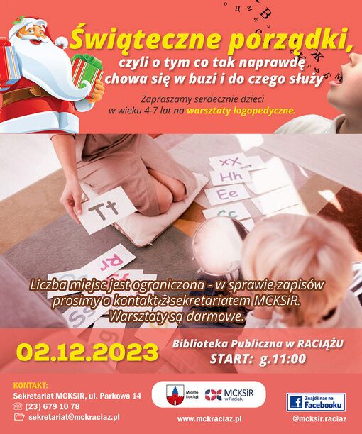 plakat informujący o warsztatach logpedycznych dla dzieci