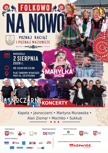 plakat koncertowy wydarzenia folkowo na nowo - poznaj raciąż i poznaj mazowsze 