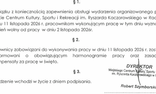 Zdjęcie do Zarządzenie ws ustalenia dnia wolnego od pracy w zamian za pracę 11 listopada 2026 